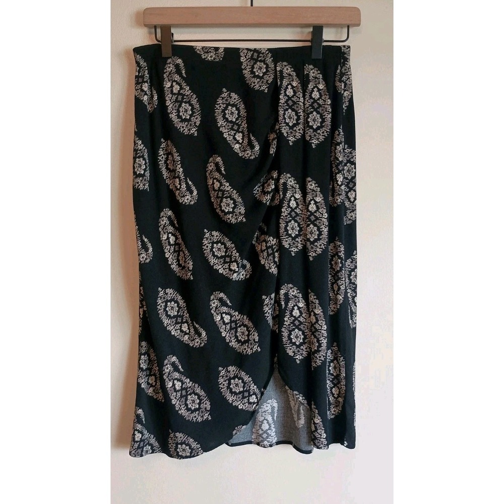 Knox Rose Faux Wrap Midi Skirt Black Paisley Boho Pull On Size Medium